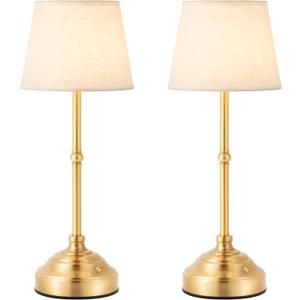 2 Pack Cordless Table Lamp, Rechargeable Desk Lamp with Fabric Shade, Battery Operated Lamp 3 Color Stepless Dimming, Small Touch Bedside Lamp Home Decor for Dining, Counter (Brushed Gold)