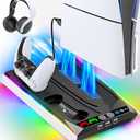 Rysker PS5/Slim/Pro Stand for Disc & Digital Console, PS5 Cooling & Charging Station with RGB Ambient Lighting, PS5 Controller Charger Built-in 3 Level Fan, PS5/Slim/Pro Accessories Comes 3 USB Ports