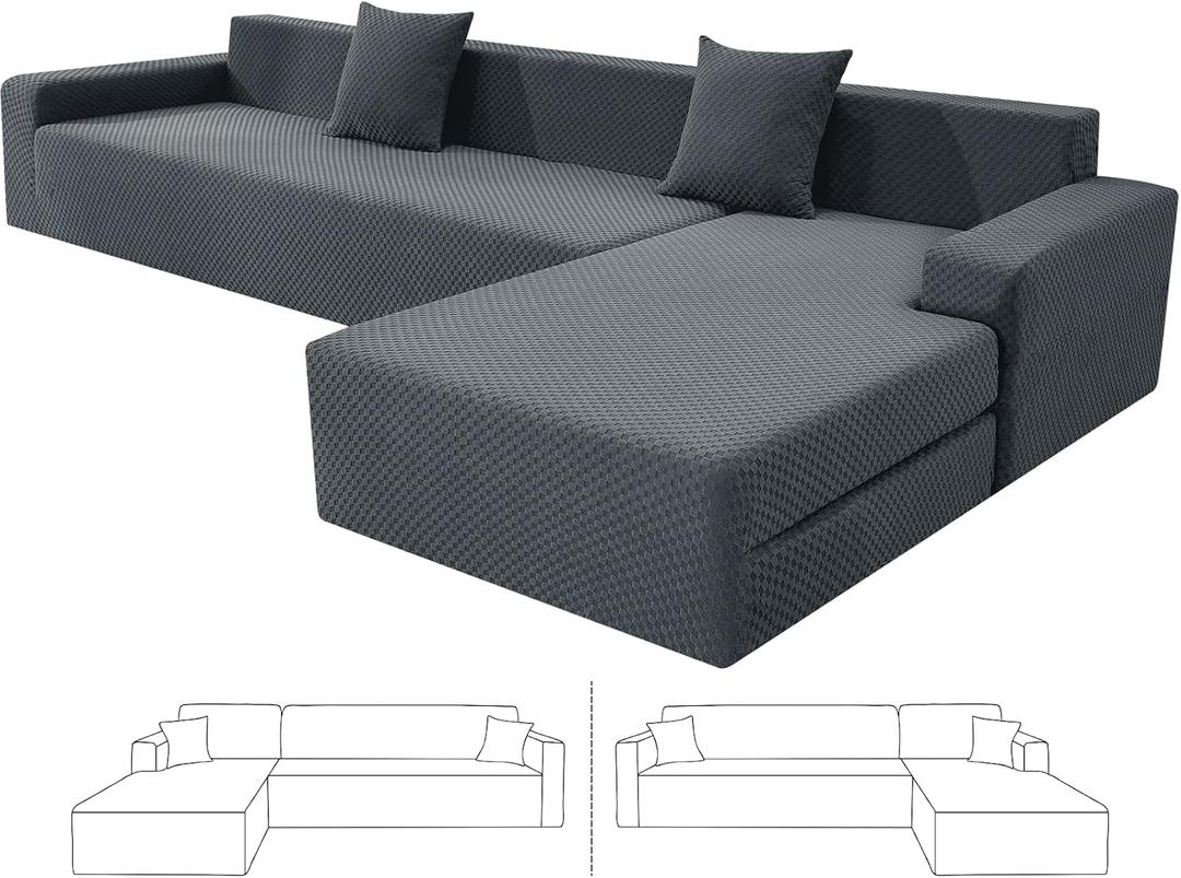 ZNSAYOTX Sectional Couch Covers, Stretch Jacquard Slipcovers with Elastic Bottom for L-Shape Sectional Sofa, 2 Pcs Pet Friendly Modular Sofa Protector (3 Seat Couch + 3 Seat Chaise, Dark Grey)