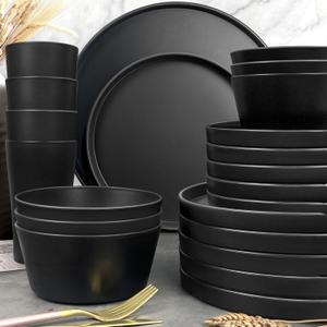 Teivio 24-Piece Kitchen Plastic Coupe Wheat Straw Dinnerware Set, Service for 6, Dinner Plates, Dessert Plate, Cereal Bowls, Cups, Unbreakable Unique Plastic Outdoor Camping Dishes, Black