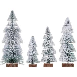 Yookat 4 Pieces Mini Christmas Trees Bottle Brush Trees Artificial Mini Bottle Brush Tree with Wood Base for Christmas Decoration (Green)