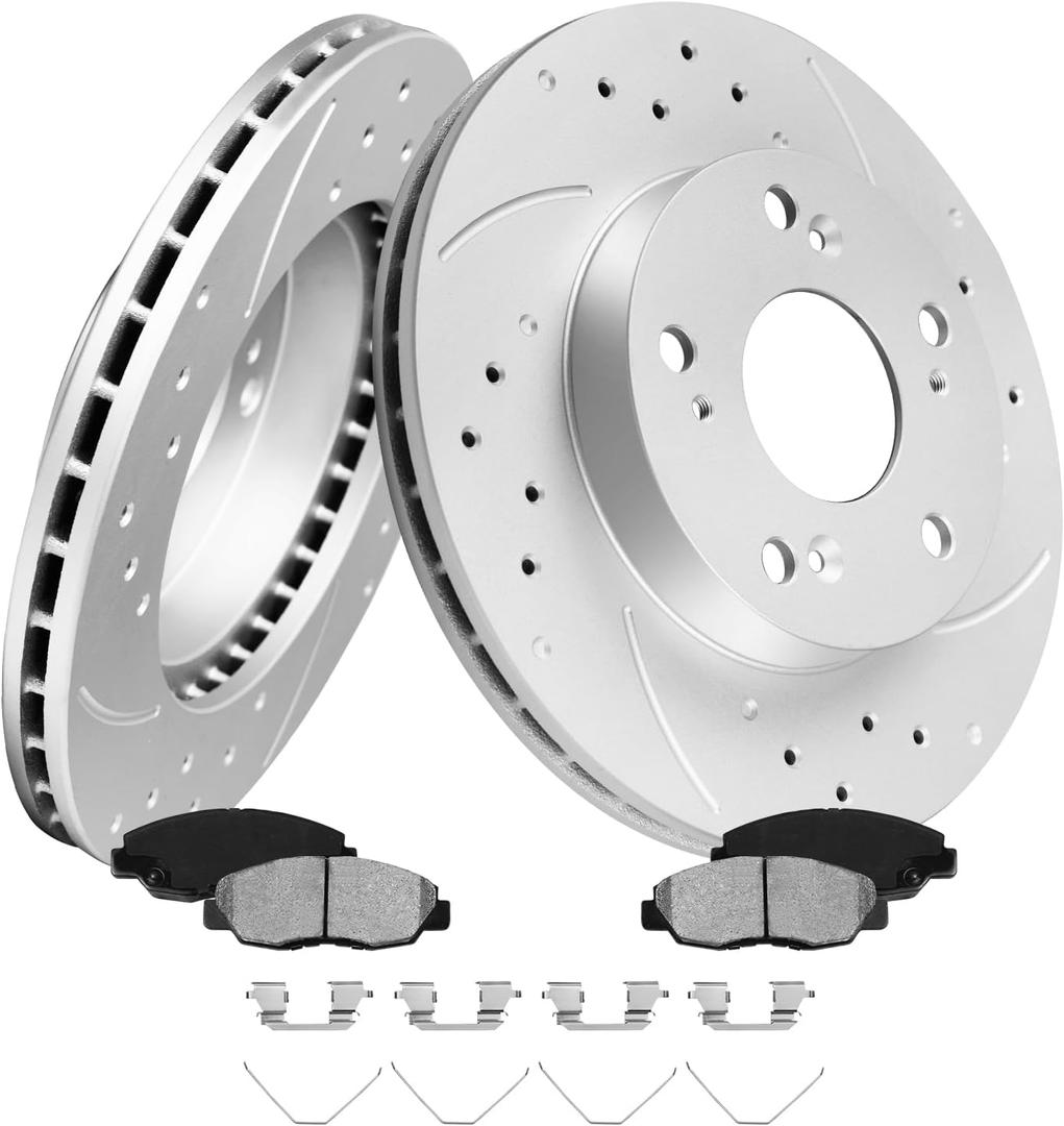 MOTOREVO Front Geomet Coated Brake Rotors Kit for Civic 2006-2011 LX/EX/DX, 2009-2011 EX-L/LX-S, 261.7mm 10.3in High-Carbon Alloy Drilled & Slotted Vented Brake Discs & Ceramic Brake Pads