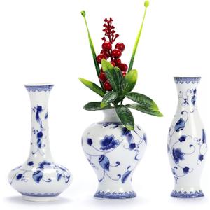 LoveCat Chinese Ceramic Vase Set - Small Blue and White Porcelain Vases, Fambe Glaze Porcelain Vases Set of 3, Classic Ceramic Flower Vases for Home Table,Bookshelf, Cupboard Dcor