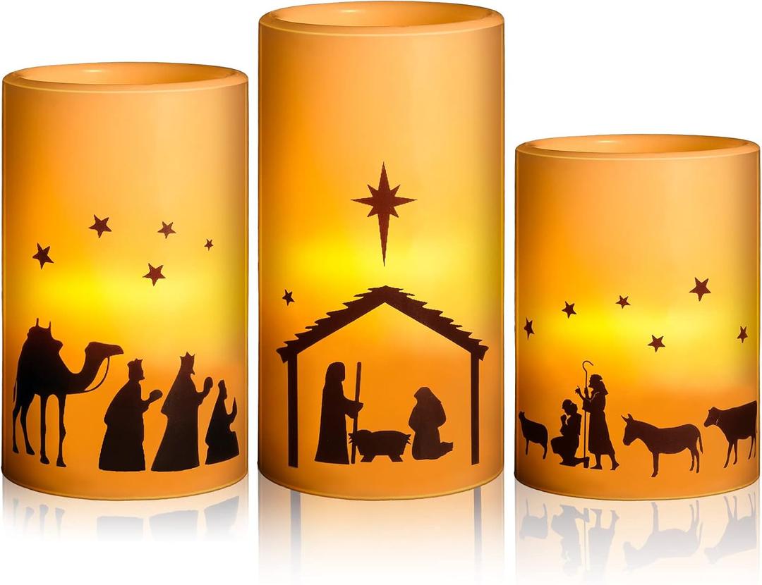 Nuanchu 3 Pcs Nativity Scene Candles Flameless Christmas LED Candles Battery Operated Warm Light for Advent Indoor Outdoor Home Table Decorations Christmas Holiday Decor