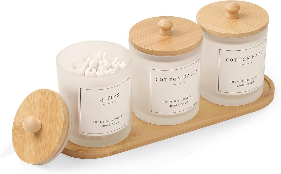 3 Pack Qtip Holder - Bathroom Organizers and Storage, Cotton Round Holder Cotton Swab Dispenser Cotton Ball Holder with Tray, Glass Apothecary Jars with Lids, Bathroom Containers for Floss Pick