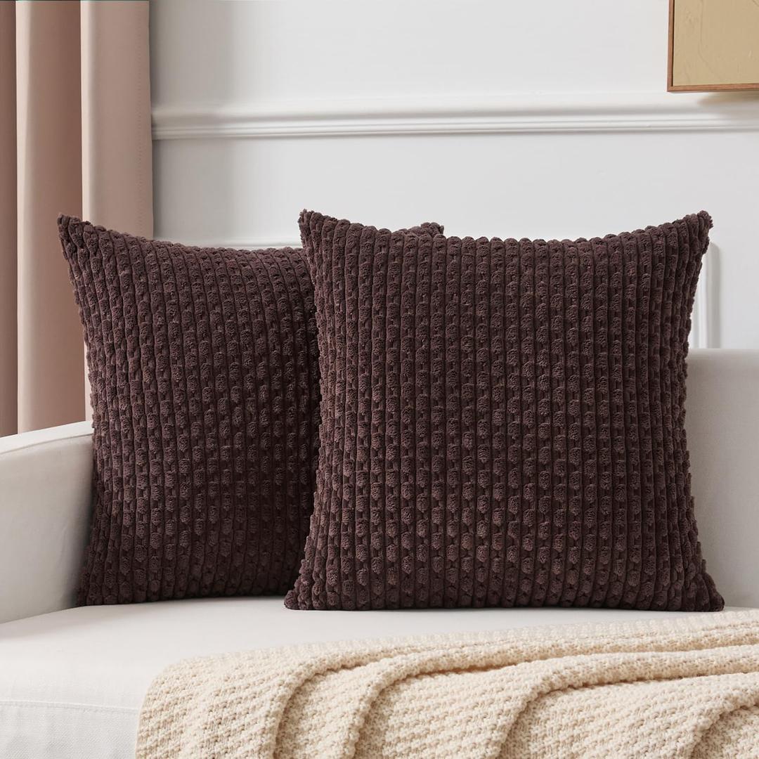 Kevin Textile Decorative Pillow Covers Set of 2 Striped Plush Corduroy Pillows Pillowcases Boho Home Decor Cushion Covers for Couch Sofa Bed Living Room 18x18 Inch, Coffee