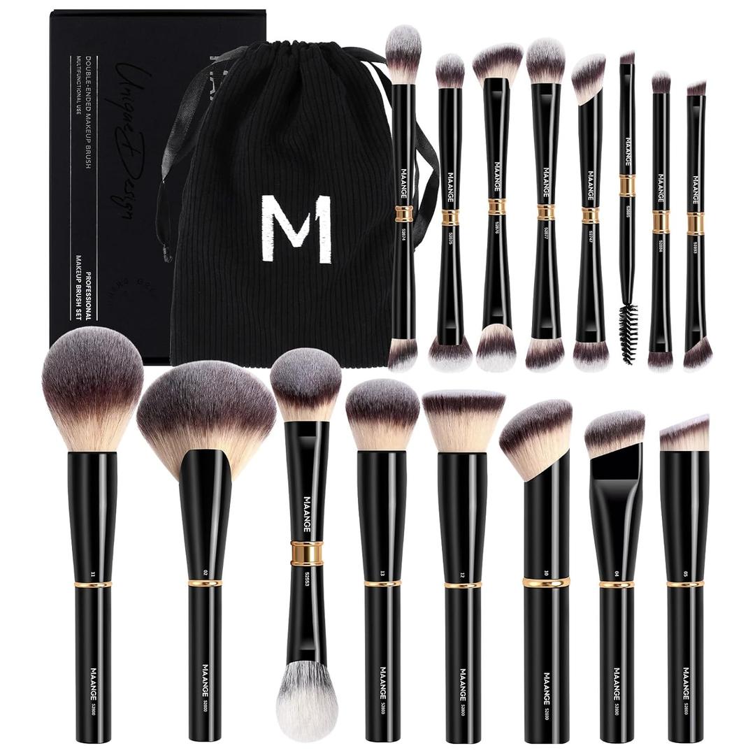 MAANGE Makeup Brushes 16Pcs Professional Foundation Powder Blush Contour Eyeshadows Double-End Makeup Brushes Set with Bag and Gift Box-Black