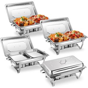Chafing Dishes for Buffet 4 Pack, 9 QT Stainless Steel Chafing Dish for Buffet with 1/2 Size Pan, Rolled-Edge Design Food Warmers for Parties, Buffet, Wedding, Birthday, Camping (Silver)
