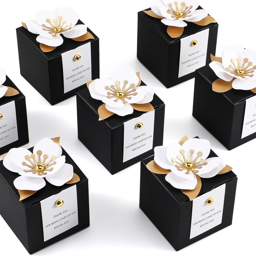 Affrolling 50 Pcs Wedding Favor Boxes with Thanks Card Square Flower Candy Boxes Paper Bridal Gift Box for Guests Wedding Bridal Shower Birthday Party Anniversary(Black)