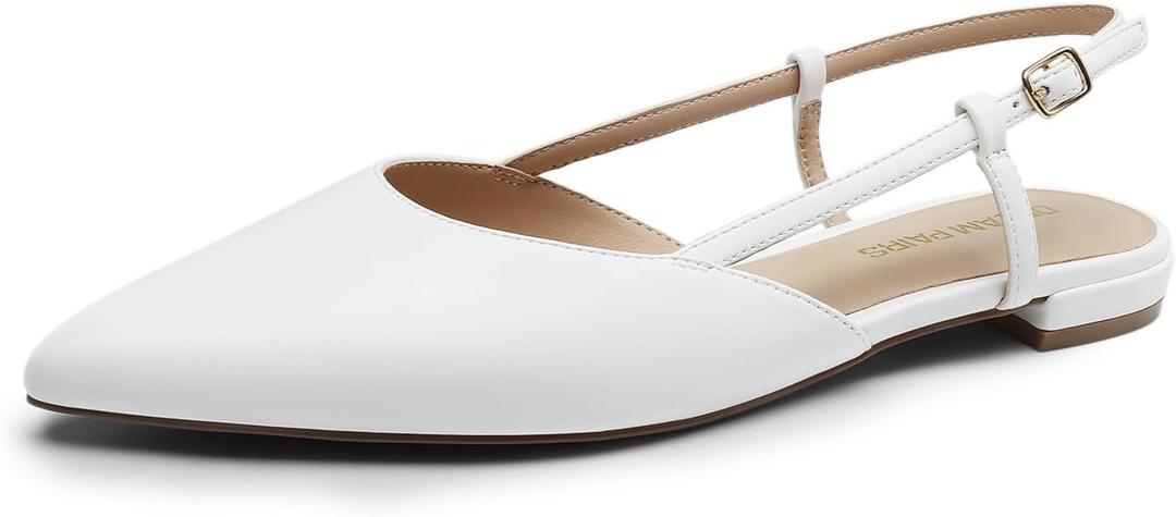 DREAM PAIRS Slingback Flats for Women, Pointed-Toe Elegant Women's Ballet Flats with Buckle Strap, Classic Low Heel Dress Shoes for Casual Work Office Party (Size 11, White-pu)