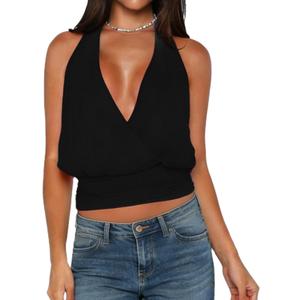 Women Halter Y2K Crop Top Sleeveless Cowl Neck Open Back Coquette Solid Color Slim Fit Going Out Tank Top Streetwear (Black, M)