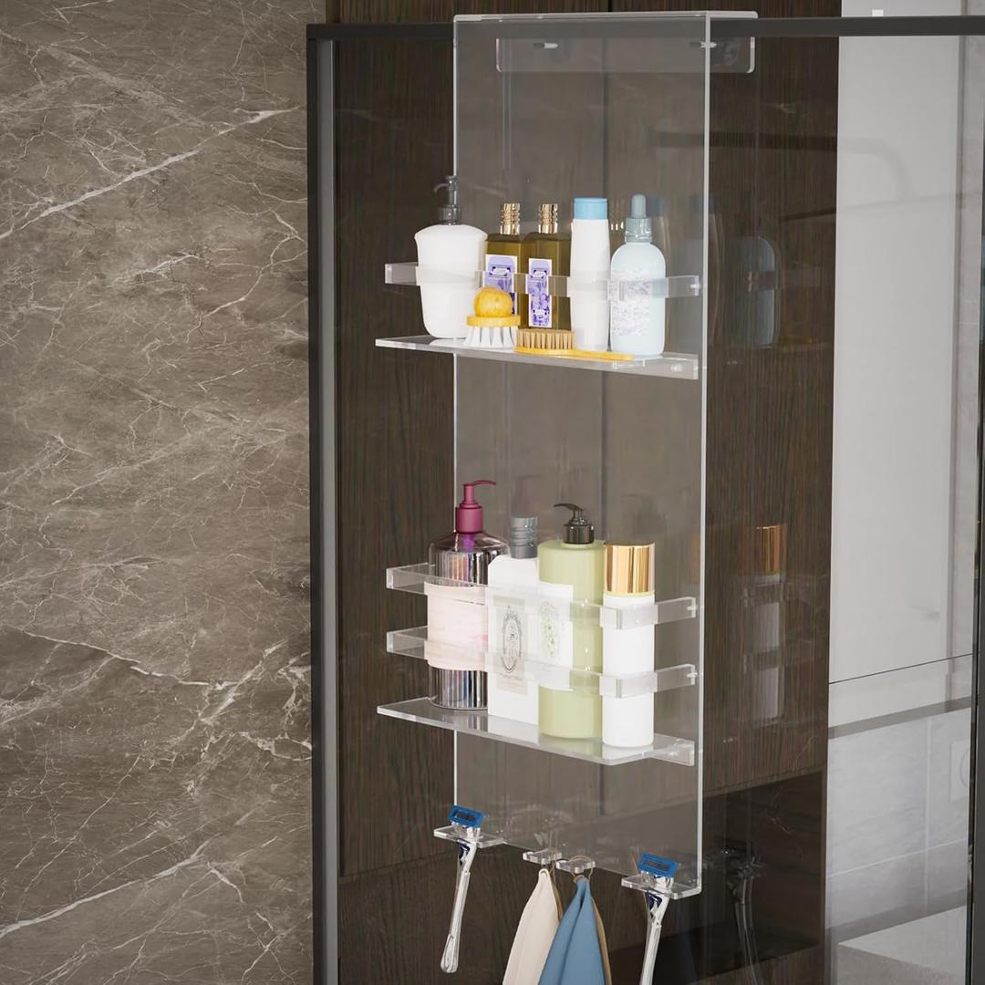 Nynelly Over The Door Shower Caddy, Acrylic Shower Caddy Shelf with Hooks, No Drilling Adjustable Hanging Shower Organizer for Bathroom Storage, Body Wash Shampoo Holder