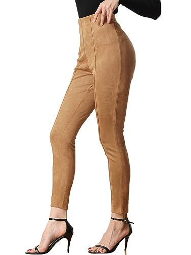Allegra K Women's Faux Suede Leggings High Waisted Stretch Casual Faux Leather Pants for Women X-Small Brown