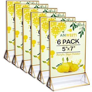 Anwesti Acrylis Sign Holder 5×7 Vertical Gold Picture Frames Acrylic Sign Holder, Double Sided Picture Frames Wedding Table Numbers Holder for Reception Table Card Holders 6 Pack