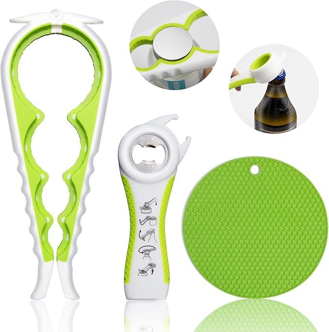 Can Opener and Jar Opener Set for Weak Hands - Heavy Duty Stainless Steel Manual Can Opener, 5-in-1 Bottle Opener, Corkscrew & Silicone Grippers - Kitchen Gadgets for Seniors & Arthritis