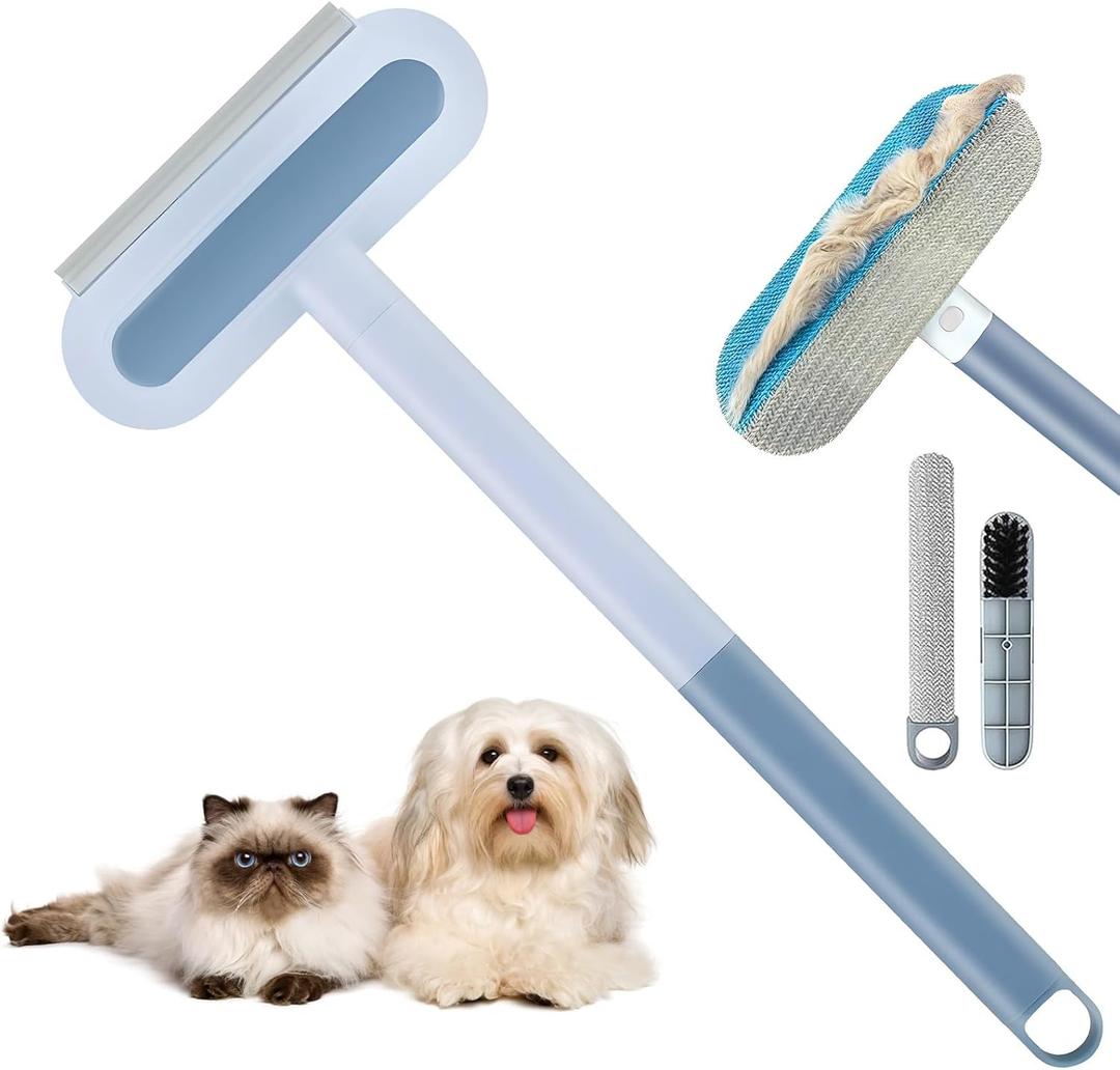 Reusable Pet Hair Remover Brush, 4-in-1 Multifunction Pet Hair Removal Tool with 17.7" Extra Long Handle for Furniture, Car, Carpet & Multi-Surfaces (Blue)