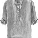 Ryannology Mens Linen Shirts Casual Cotton 3/4 Sleeve Regular-Fit Henley T-Shirt Summer Lightweight Beach Yoga Tops Size M