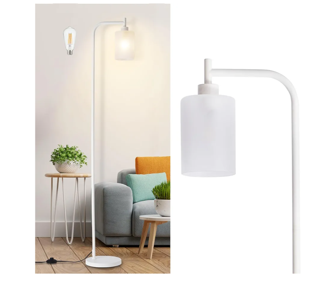 DLLT Floor Lamp Tall for Room: White Standing Lamp with Frosted Glass Lampshade for Living Room - Modern Bright Lamp for Bedroom - Industrial Corner Floor Lamps for Office 8W Led Bulb Included, White+Frosted Glass Shade