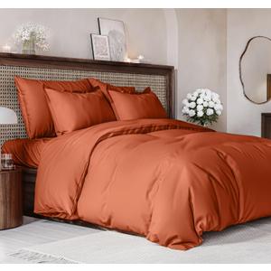 Duvet Cover Queen Size Set - Extra Soft Queen Size Duvet Cover 90 x 90 with 2 Pillow Shams - Hotel Luxury Easy Care and Fade Free w/ Zipper Closures & Ties - Comfy Breathable Bedding Set (Terracotta)