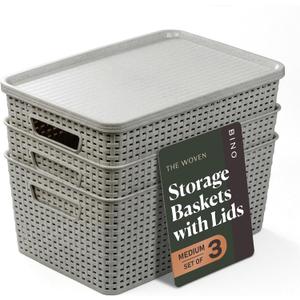 BINO | Plastic Storage Baskets with Lids, 15.5 Liter - 3 Pack, Natural Grey | THE WOVEN COLLECTION | Storage Basket for Shelves | Woven Storage Baskets for Organizing Bins | Pantry Shelf Organizer Bin
