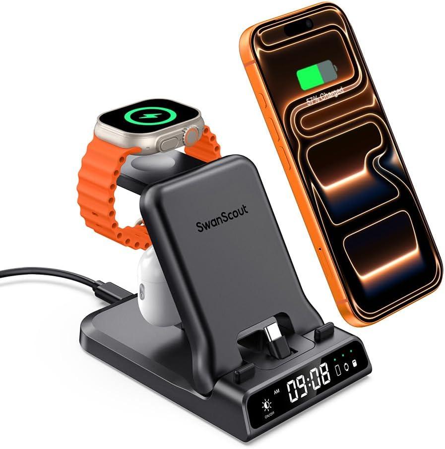SwanScout Fast Charging Station for iPhone Air/17/16/15, SwanScout 701AC, 3 in 1 Charger for Apple Watch Series 10 9 8 7 6 5 4 Ultra 2 Ultra, for AirPods 4/Pro 3/ Pro 2