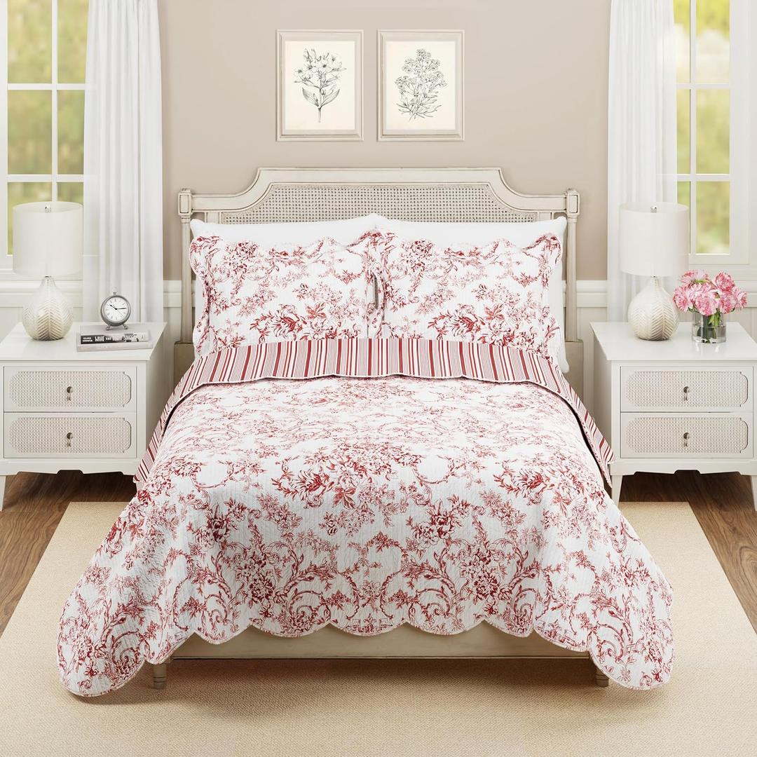 Garden Toile 3-Piece Reversible Quilt Set - Lightweight Coverlet Set, Floral Vintage Quilted Bedding Set with 2 Shams, All Seasons, Full Queen Size, Red | Breathable material, Reversible, Lightweight