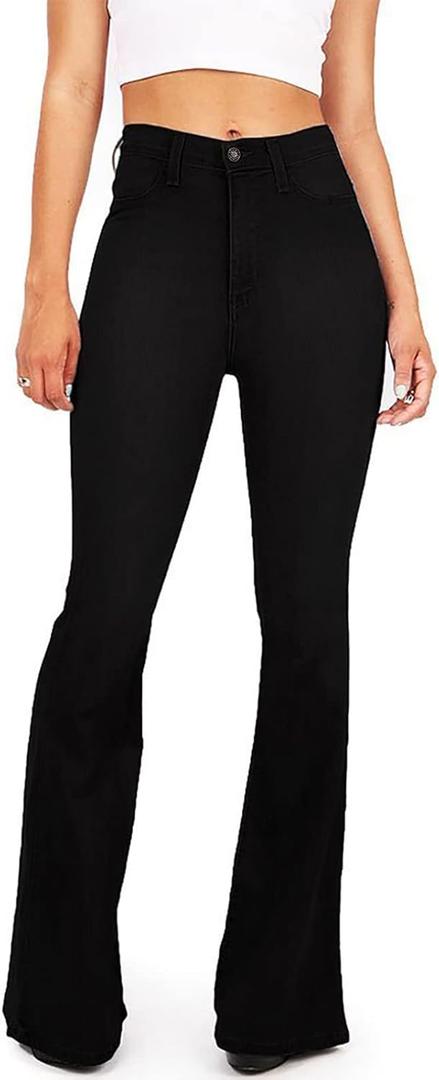 GALMINT Women's Fashion High Waisted Wide Leg Bootcut Slim Denim Flare Bellbottom Jeans (Black, US 16)