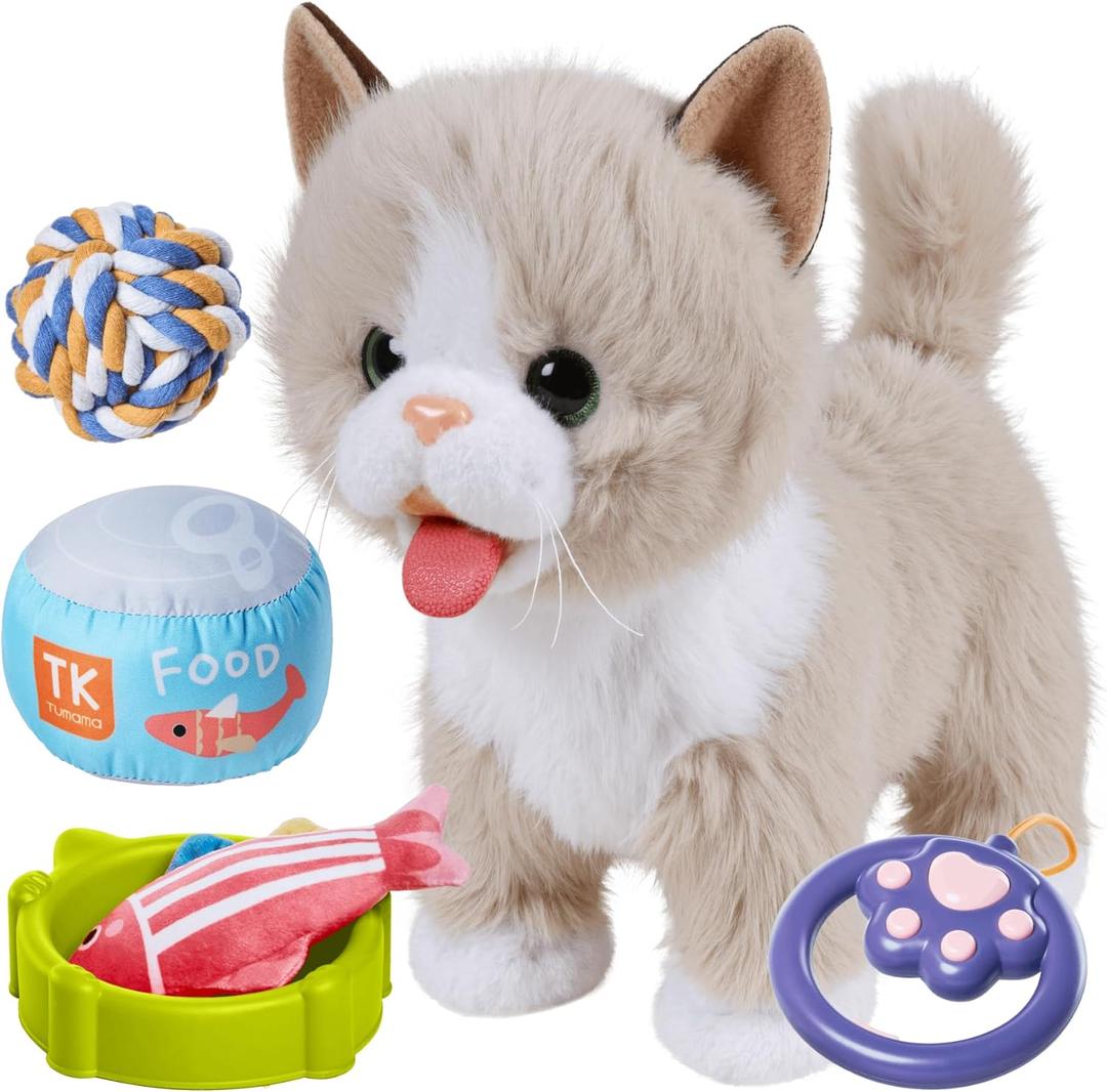 TUMAMA Walking Talking Cat Set Interactive Talking Cat, Interactive Electronic Cat Plush Toy with Leash, Wag Tail, Meows, Pretend Dress Up Realistic Stuffed Cat Age 3 4 5+ Years Old Best Gift