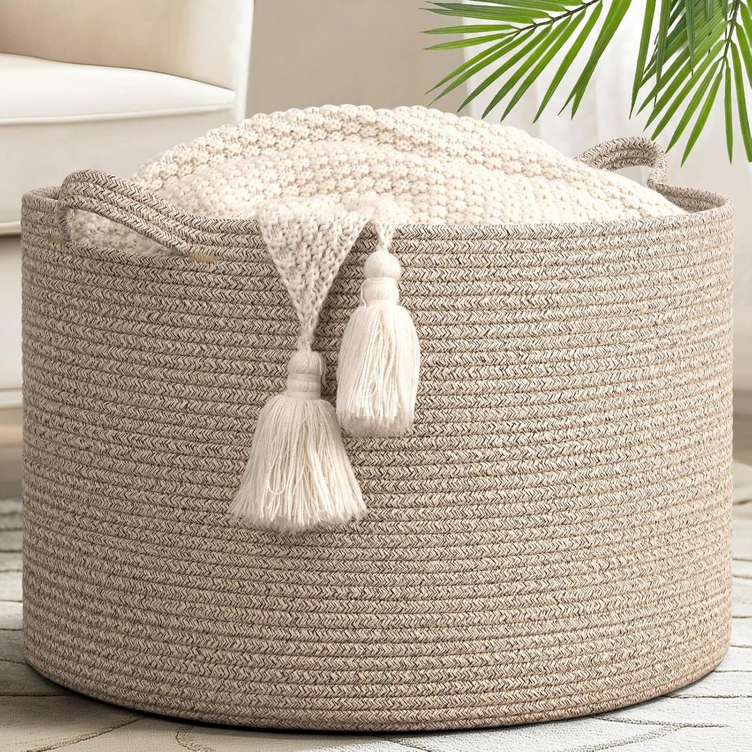 Goodpick 65L Blanket Basket, 19.7"x12.6" Cotton Rope Blanket Basket Living Room, Toy Organizers and Storage with Handles for Kids