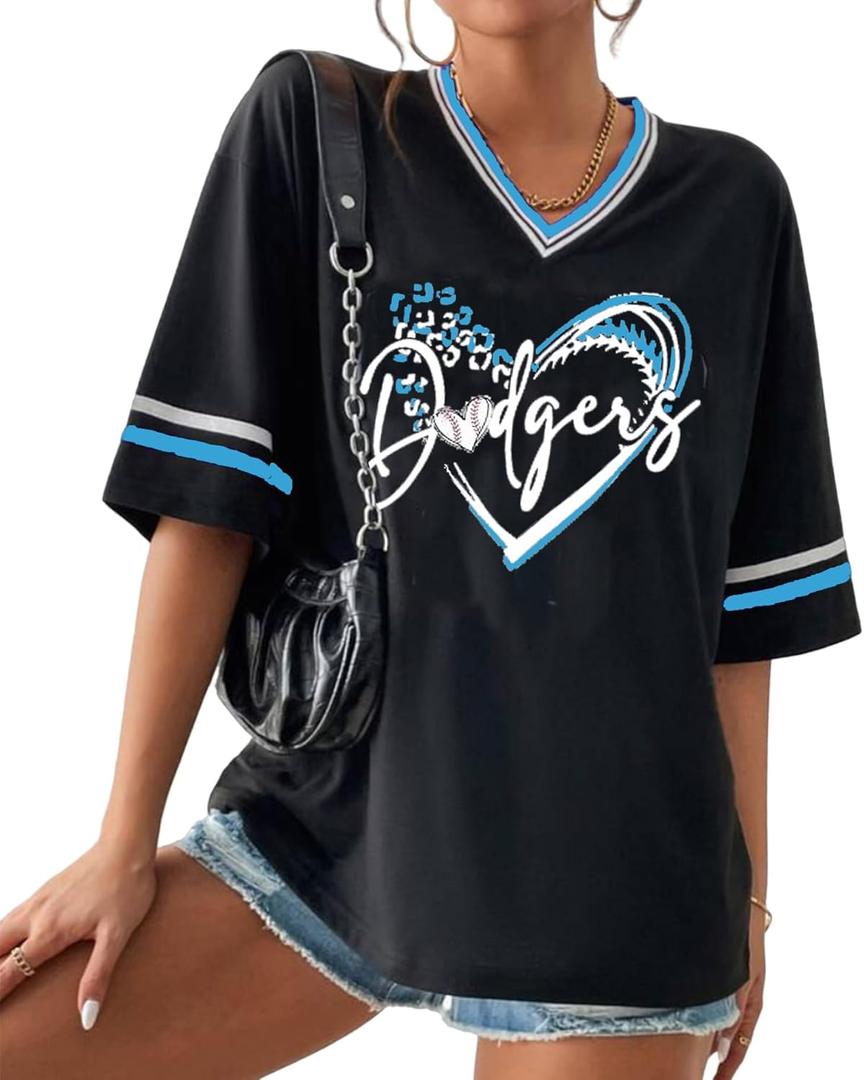 Baseball Shirt Women Oversized Baseball Mom Tshirts Game Day Short Sleeve Casual Loose Graphic Tees Tops (Black, L)