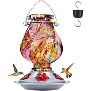 BOLITE Hummingbird Feeder, Hand Blown Glass Hummingbird Feeders for Outdoors Hanging with Ant Moat, 5 Bee-Proof Ports, Leak-Proof, 360° Perch, 22oz, Purple, Gifts for Women Men, Gifts for Mom Dad