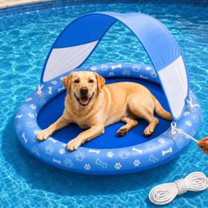 Dog Pool Float with Canopy, 57" x 39" Inflatable Dog Water Raft with Removable Sun Shade, Heavy Duty Tear-Resistant Pet Pool Float Lounger for Small Medium Large Dogs, Lake & Pool Accessories