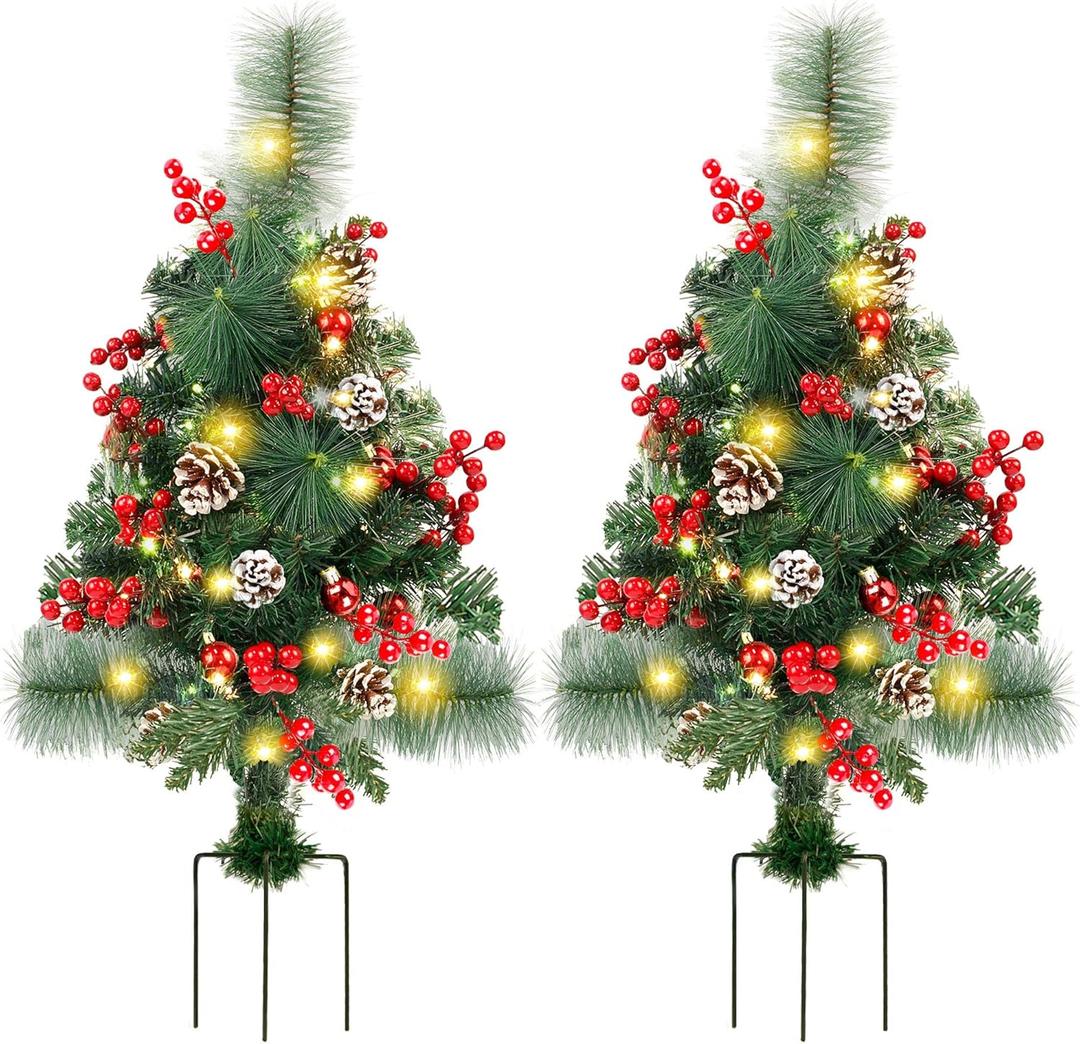 FORUP Set of 2 30 Inch Pre-Lit Pathway Christmas Trees Urn Filler, Outdoor Christmas Tree Decorations for Porch, Driveway, Yard, Garden, with 60 LED Lights, Red Berries, Pine Cones, Red Ball Ornaments