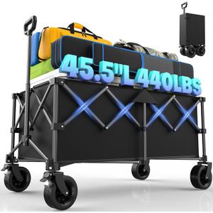 45.5" L Kitsure Collapsible Wagon - Heavy Duty Foldable Wagon with 440lbs Capacity, Adjustable Handle, Shopping Cart with Wheels for Camping, Groceries, Black, 45.5" x 24.0" x 38.0" 45.5" L Kitsure Collapsible Wagon - Heavy Duty Foldable Wagon with 440lbs Capacity, Adjustable Handle, Shopping Cart with Wheels for Camping, Groceries, Black, 45.5" x 24.0" x 38.0"