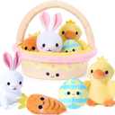 JOYIN 5 Pcs Easter Basket Plush Playset, Filled Basket with Bunny Chick Egg Carrot, Easter Toys Gifts Prefilled with Animal Stuffers for Baby Toddler Kids Boys & Girls of All Ages