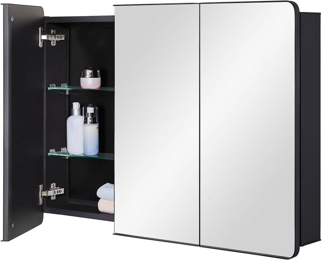 IDYLLOR Bathroom Mirror Medicine Cabinet with Round Corner Framed Door 36 x 26 inch, BlackRecessed or Surface Mount, with Adjustable Glass Shelves
