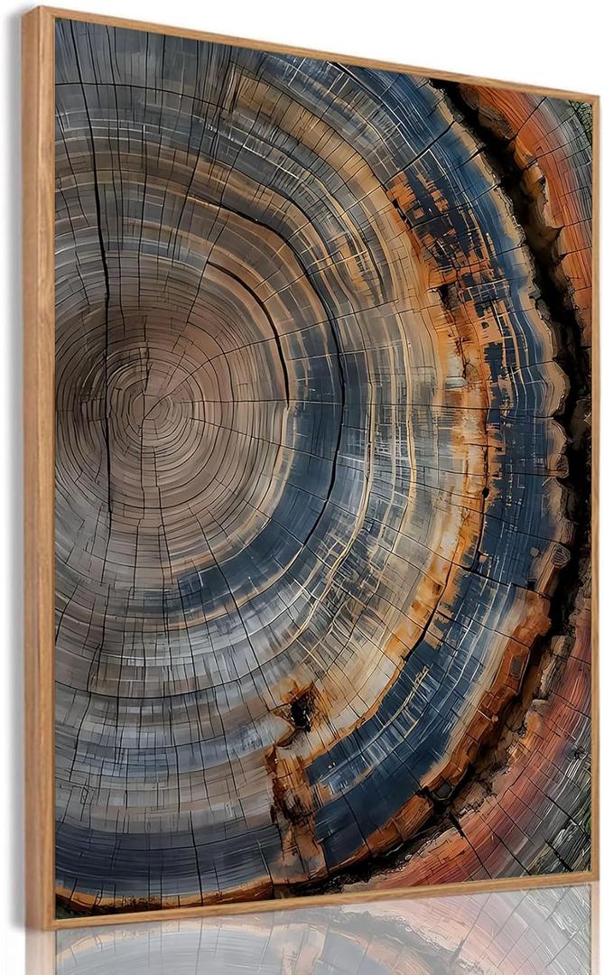 IBHJSART Framed Tree Ring Canvas Wall Art Vintage Colorful Wood Stump Painting Prints Modern Minimalist Pictures Neutral Nature Rustic Farmhouse Decor Living Room Bedroom Bathroom Office (12"x16" Natural)