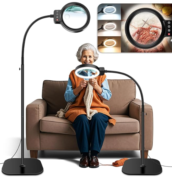 30X 10X Large Floor Magnifying Glass with Light and Stand,72 LED Flexible Gooseneck Floor Magnifying Lamp,2 in 1 Lighted Magnifiers for Close Work, Sewing,Crafts,Hobbies（Black）