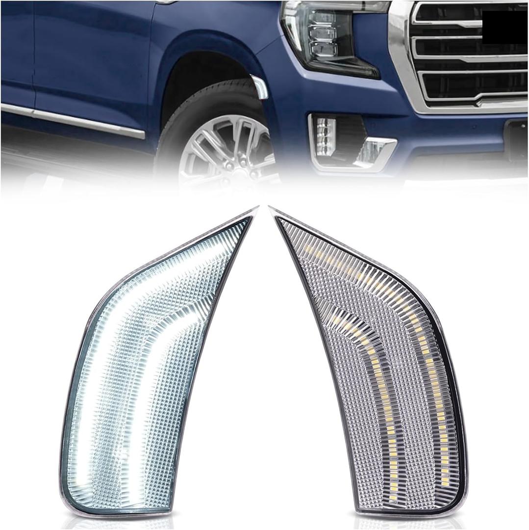 HECASA 2PCS LED Side Marker Lights Compatible with 2021-2024 GMC Yukon/Yukon XL/Denali/Chevy Chevrolet Tahoe/Suburban/Cadillac Escalade/Escalade ESV Front Bumper Signal Lamps Clear Lens White LED