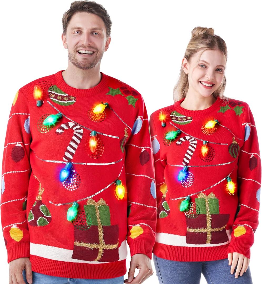 JOYIN Ugly Christmas Sweater Women Men Couples, LED Light Up Ugly Christmas Sweater Kids 2025 String Lights, Red