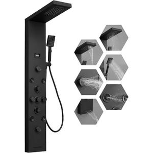 Shower Panel Tower System, Stainless Steel Multi-Function Shower Panel, Shower Tower with 5 Body Jets Handheld Shower Wand Tub Spout and Rainfall Head Temperature Display, Black