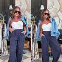 Xiaoxuemeng Womens Baggy Wide Leg Pants Casual Elastic Waisted Palazzo Harem Pants with Pockets (Blue, L)