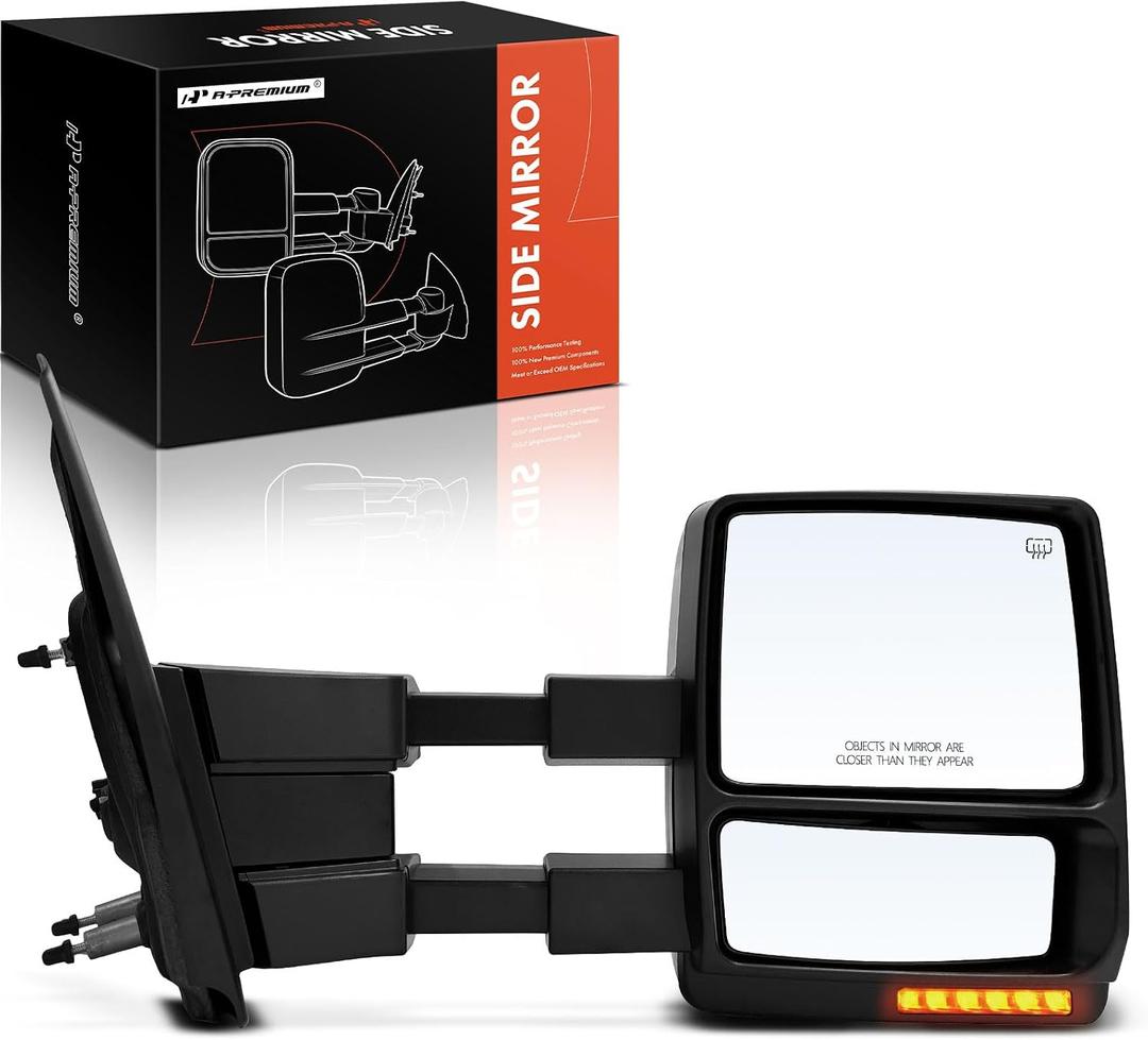 A-Premium Towing Mirrors - Compatible with Ford F-150 F150 2007 2008 2009 2010 2011 2012 - Manual Folding Heated Black - with Puddle Light, large