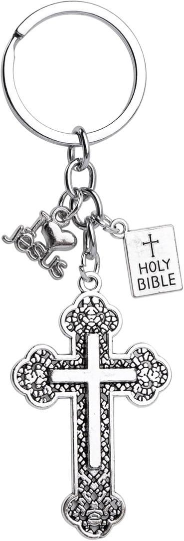 Framendino, 20 Pack Antique Silver Cross Keychain Metal Keychains Book Holy Bible Pendants Key Ring for Women Men Bag Deco Party Favours