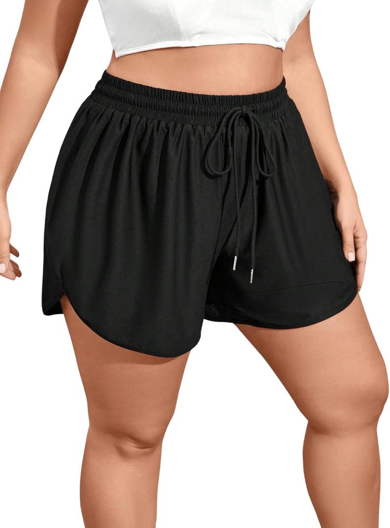 Women's Plus Size Drawstring Waist Swim Shorts Tie Front Track Shorts Bottoms Beachwear (XX-Large Plus, Black)