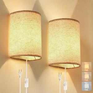 Plug in Wall Sconce, 3 Colors Wall Sconces Set of Two, Industrial Plug in Wall Light, Wall Sconce Lighting On/Off Switch Vintage Wall Lamp for Bedroom Living Room Hallway Porch (Beige)