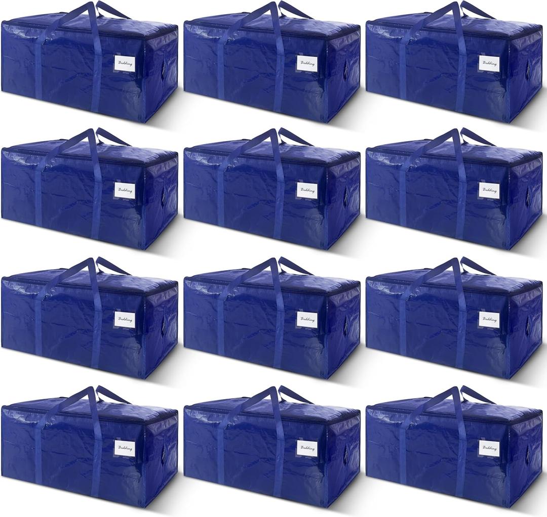 12 Pack Extra Heavy Duty Large Moving Bags with Strong Zipper & Carrying Handles, Sturdy Clothes Storage Bags Totes Bins, Packing Bag Move Boxes College Moving Supplies, Dark Blue - 24 gal