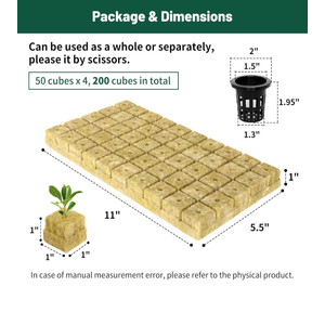 1" Rockwool Cubes for Hydroponics 200 Plugs with 50 Pack 1.5 inch Net Pots Hydroponics Supplies Cups for Rooting, Clone Plants, Starting Seeds, Ideal Rockwool for Hydroponic Growing, 12.6 x 7.91 x 4.53 inches