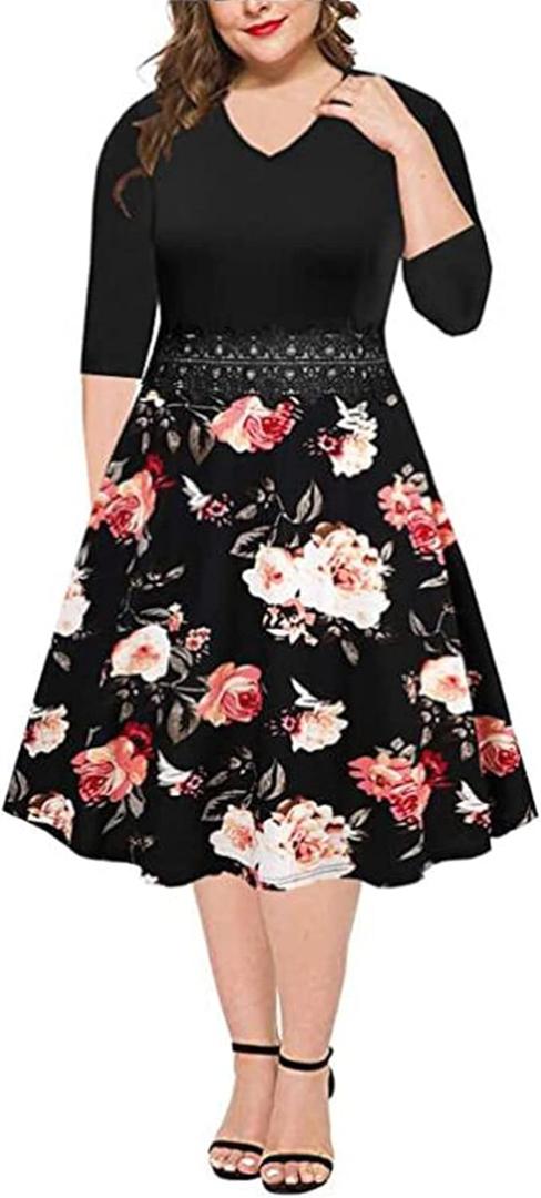 BEDOAR Women's Elegant Lace Embroidery Plus Size Flared A-Line Swing Casual Party Cocktail Dresses with Pockets Size 18 Plus