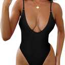 HYPERFIRE Women's Sexy V Neck One Piece High Cut Swimsuits Tummy Control Slimming Monokini (Black)